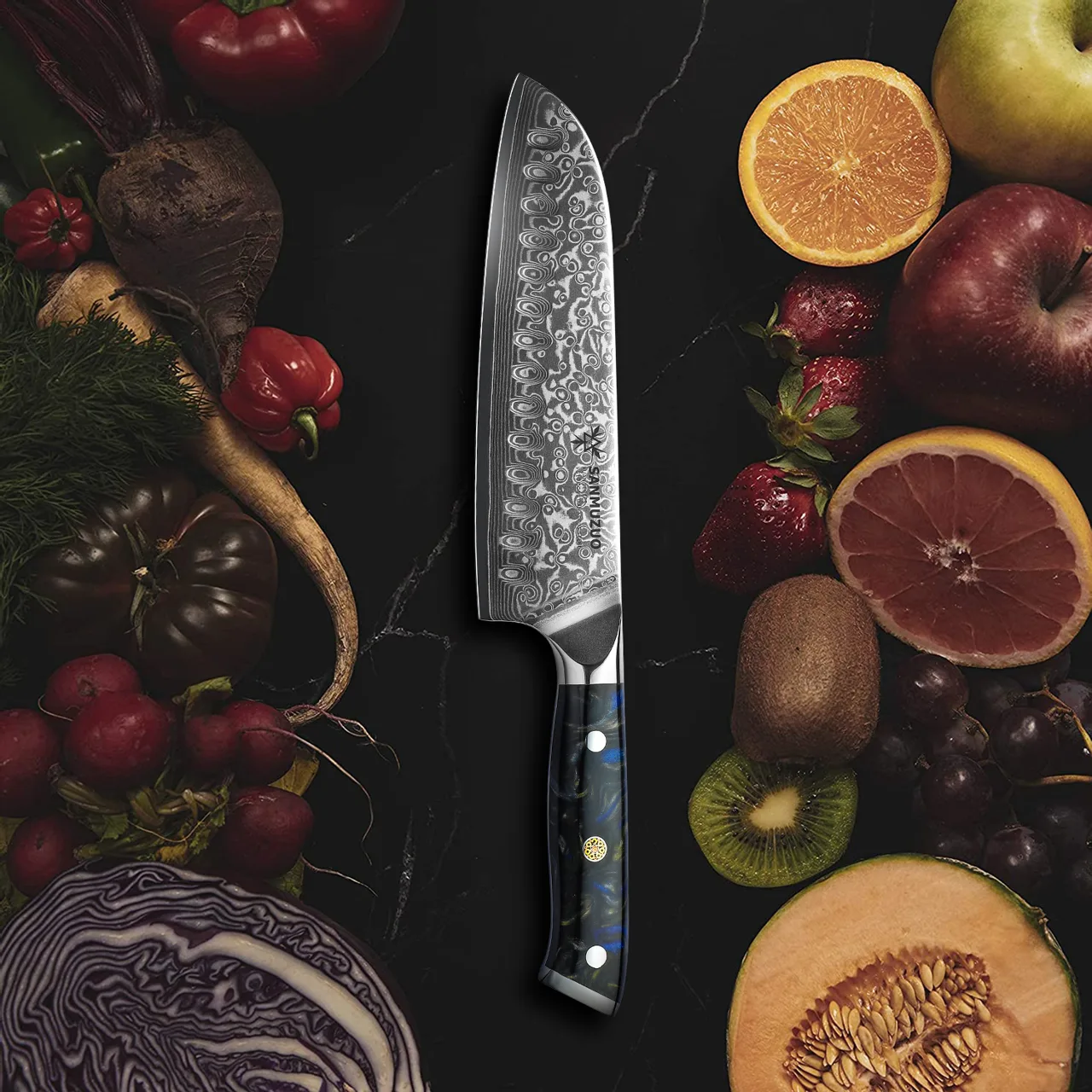 XUAN black resin handle and patterned chef knife blade among vegetables